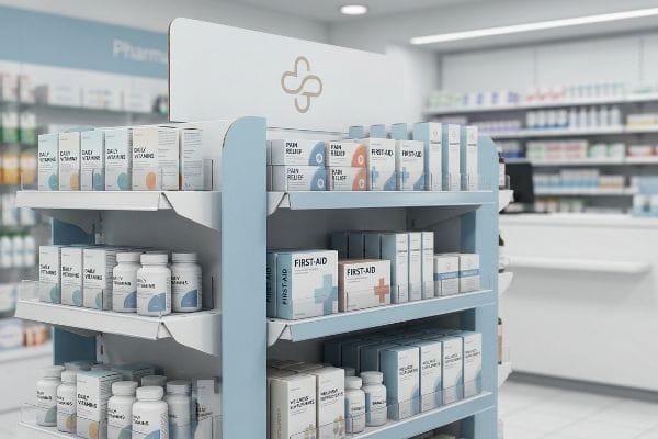 pharmacy display vitamins first aid