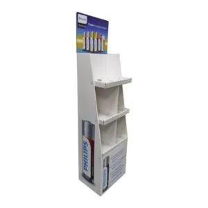 philips branded multi tier cardboard display for battery retail promotion.