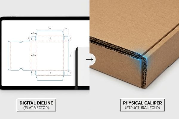 Corrugated box corner with blue highlight showing Physical Caliper (Structural Fold) from a Digital Dieline (Flat Vector) on a tablet.