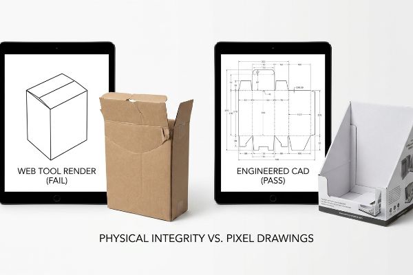 Brown corrugated box failing from 'Web Tool Render (Fail)' on a tablet, contrasting with a stable white display from 'Engineered Cad (Pass)' on another tablet, illustrating 'Physical Integrity Vs. Pixel Drawings'.