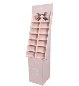 Giá trưng bày bằng bìa cứng màu hồng cho cửa hàng mỹ phẩm