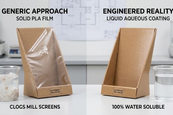 Solid Pla Film Clogs Mill Screens versus 100% Water Soluble Liquid Aqueous Coating for Eco-Friendly Pop Displays.