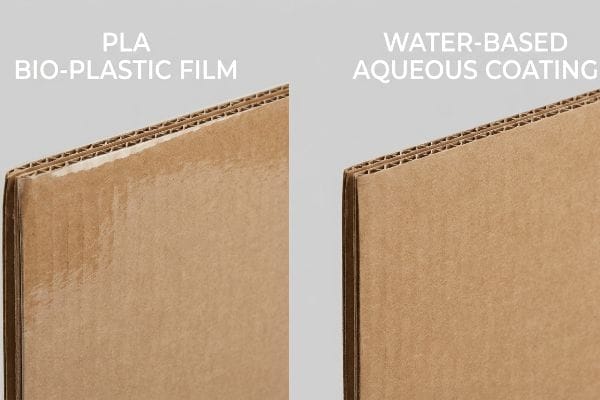 Corrugated cardboard samples display a textured Pla Bio-Plastic Film and a smooth Water-Based Aqueous Coating, contrasting packaging finishes.