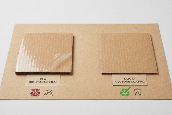 Two corrugated cardboard samples compare packaging coatings: one with Pla Bio-Plastic Film, marked non-recyclable, and another with Liquid Aqueous Coating, marked 100% curbside recyclable.