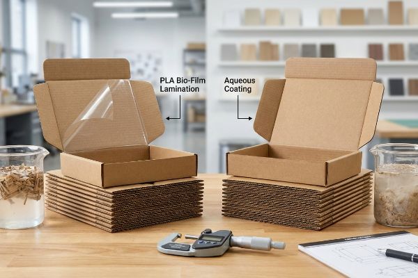 Open cardboard boxes show PLA Bio-Film Lamination and Aqueous Coating, with repulping beakers and a micrometer for material analysis.