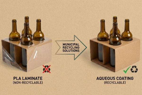 Corrugated cardboard six-pack bottle carrier with non-recyclable Pla Laminate contrasted with a recyclable Aqueous Coating version, highlighting Municipal Recycling Solutions.