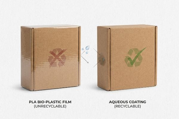 Brown cardboard boxes comparing Pla Bio-Plastic Film (Unrecyclable) and Aqueous Coating (Recyclable), highlighting water resistance and recyclability.