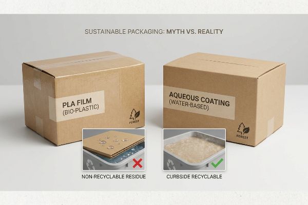 Two boxes illustrate sustainable packaging: Pla Film (Bio-Plastic) shows non-recyclable residue, while Aqueous Coating (Water-Based) is curbside recyclable.