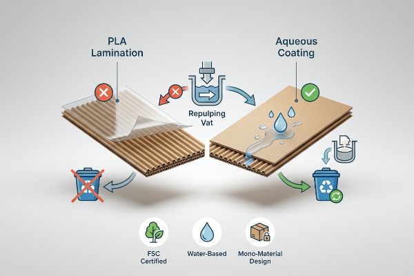 Corrugated cardboard diagram shows non-recyclable PLA Lamination versus repulpable Aqueous Coating, with FSC Certified, Water-Based, and Mono-Material Design.