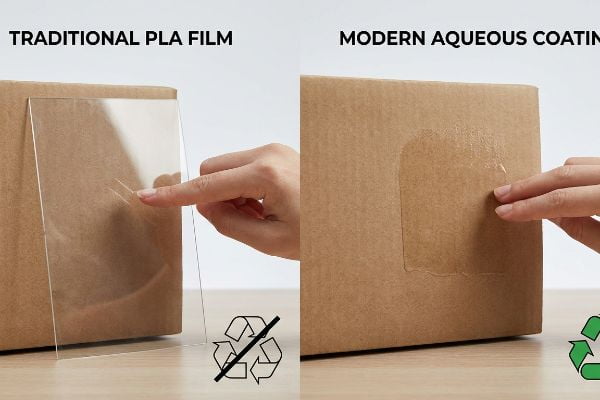 Traditional Polylactic Acid film on cardboard with a crossed-out recycling symbol, contrasted with a modern aqueous coating and a green recycling symbol, demonstrating repulpability.