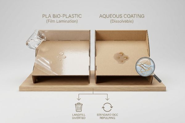 Two cardboard boxes compare PLA Bio-Plastic Film Lamination, repelling water and Landfill Diverted, versus Aqueous Coating Dissolvable, absorbing water for Standard OCC Repulping.