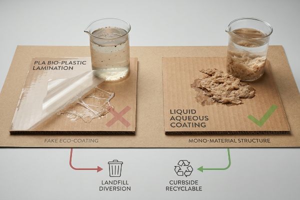 Pla Bio-Plastic Lamination (fake eco-coating) causes landfill diversion; Liquid Aqueous Coating (mono-material) is curbside recyclable.