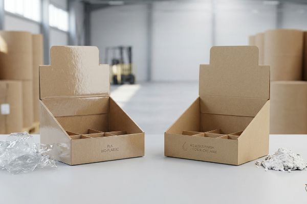 Kraft cardboard display boxes, one with PLA Bio-Plastic text, the other with Aqueous Finish 100% Recyclable.