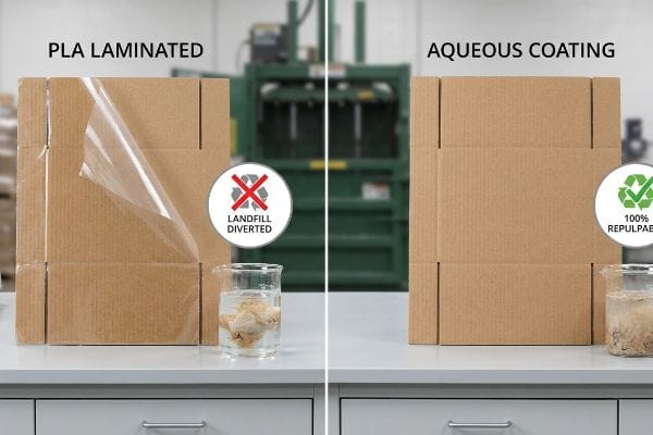 Pla Laminated cardboard with film and 'Landfill Diverted' icon, versus 100% Repulpable Aqueous Coating.