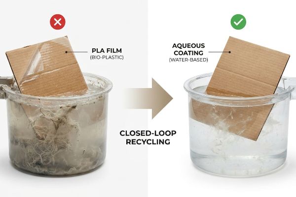 PLA film bio-plastic cardboard disintegrates in murky water, contrasting with aqueous coated cardboard intact in clear water, illustrating closed-loop recycling.