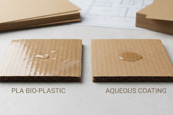 Corrugated cardboard samples with Pla Bio-Plastic and Aqueous Coating, comparing their water repellency for sustainable packaging.