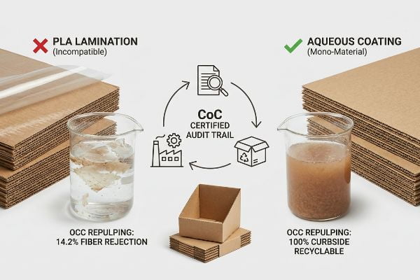 PLA Lamination causes 14.2% fiber rejection in OCC repulping, contrasted with Aqueous Coating ensuring 100% curbside recyclable, CoC Certified mono-material packaging.