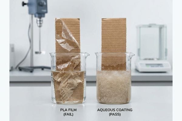 Corrugated cardboard repulpability test in beakers, showing Pla Film (Fail) disintegrating and Aqueous Coating (Pass) intact.