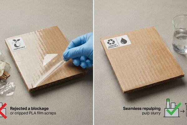 Corrugated cardboard comparison: hand peeling Compostable PLA film versus Curbside Recyclable board for seamless repulping.