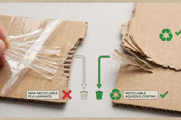 A hand peels Non-Recyclable PLA Laminate from corrugated cardboard, contrasting with Recyclable Aqueous Coating on torn board, showing disposal options.