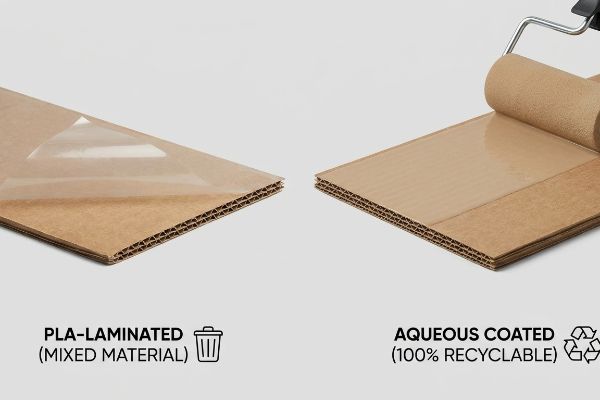 Corrugated cardboard contrasting PLA-Laminated (Mixed Material) film with Aqueous Coated (100% Recyclable) applied by roller.
