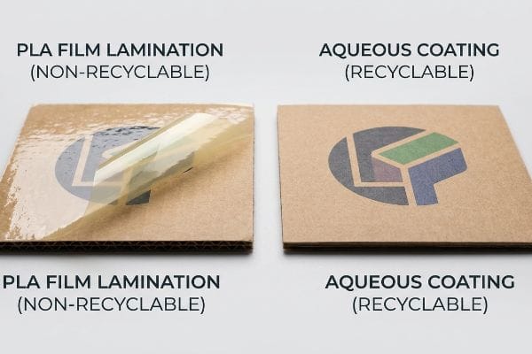 PLA Film Lamination (Non-Recyclable) vs. Aqueous Coating (Recyclable) on corrugated cardboard, highlighting packaging finish differences.