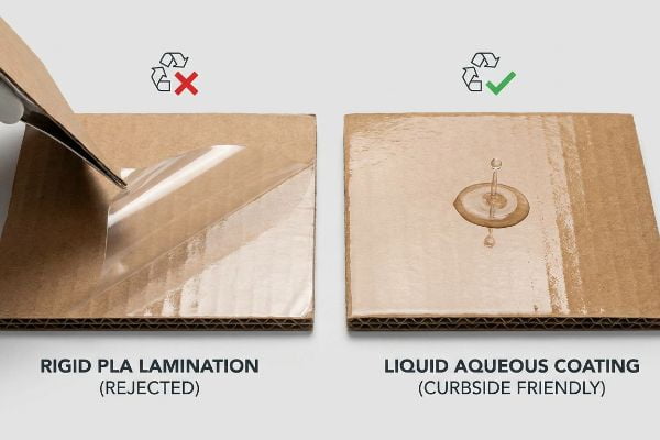 Corrugated cardboard comparison: Rigid PLA Lamination (rejected) vs. Liquid Aqueous Coating (curbside friendly) with water.