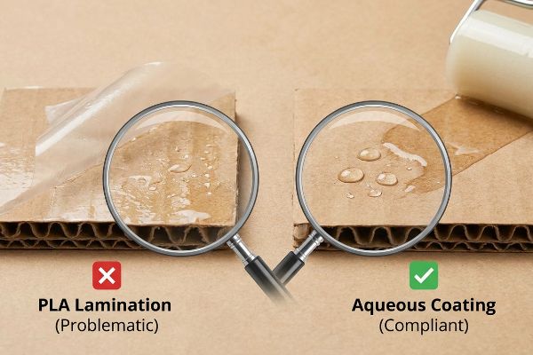 Corrugated cardboard comparison shows problematic PLA Lamination with absorbed water versus compliant Aqueous Coating with water beading, magnified for detail.