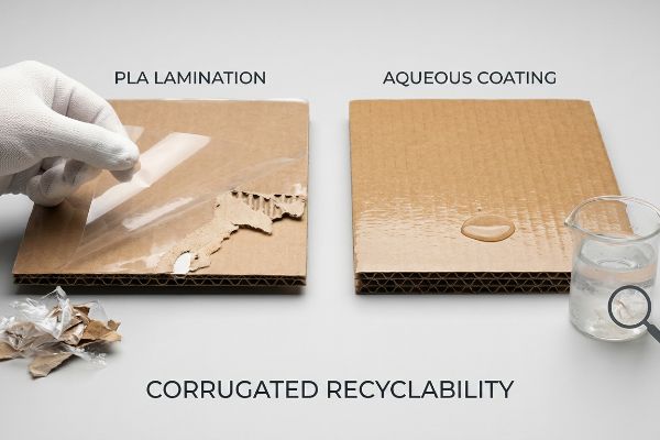 Peeling PLA Lamination on damaged corrugated cardboard contrasts with water-resistant Aqueous Coating, highlighting Corrugated Recyclability.