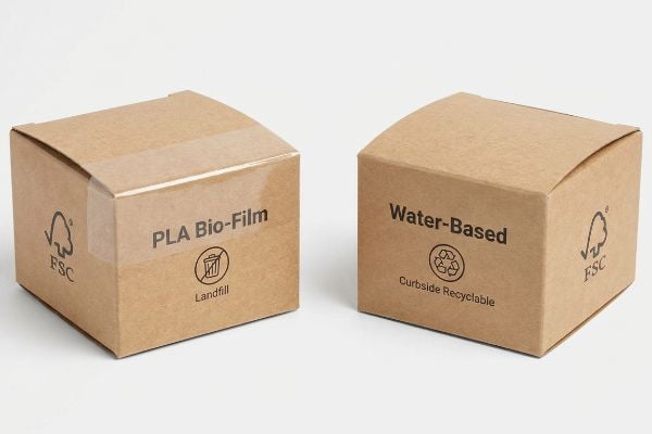 FSC certified cardboard boxes comparing PLA Bio-Film (Landfill) with Water-Based (Curbside Recyclable) packaging.
