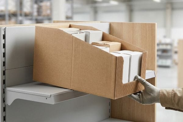 Gloved hand placing a corrugated shelf-ready merchandising tray filled with product boxes onto a metal shelf.