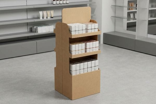 A retail store setting showcases a three-tier brown cardboard FSDU, filled with rows of small, unbranded product boxes.