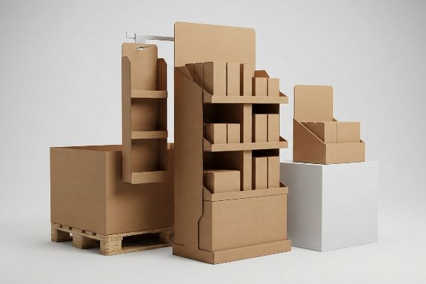 Kraft paperboard retail displays: pallet skirt, multi-shelf floor stand with boxes, and countertop unit on white cube.