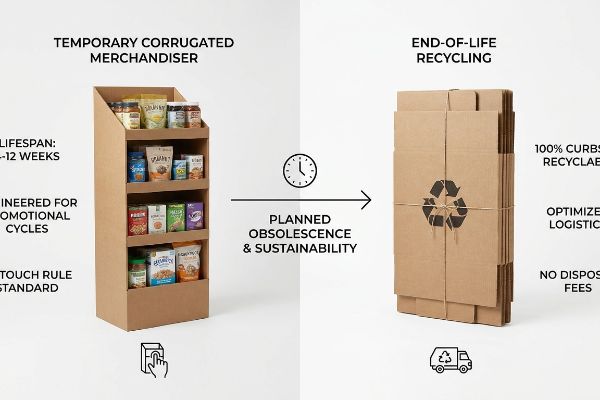 Brown corrugated merchandiser (4-12 week lifespan) with products, transitions to 100% Curbside Recyclable flattened cardboard, showing Planned Obsolescence.