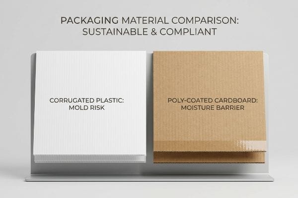 Corrugated Plastic (Mold Risk) compared to Poly-Coated Cardboard (Moisture Barrier) for sustainable packaging.