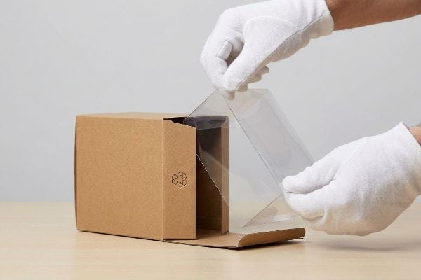 White-gloved hands separate a clear plastic window from a recyclable brown cardboard box with a recycling symbol.