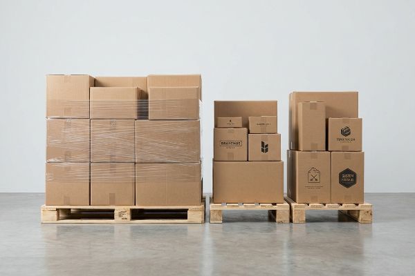 Brown cardboard boxes, some plastic-wrapped, stacked on wooden pallets, with Braschus, Terra Macom, and Zusten Fresh Box logos, demonstrating varied pallet configurations.