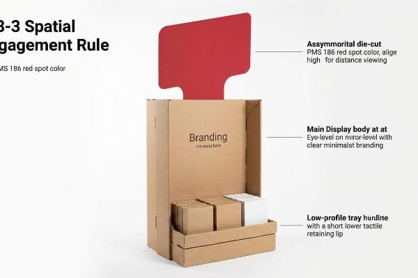 Corrugated retail display with Pms 186 red asymmetrical die-cut header, eye-level Branding, and low-profile tray, demonstrating 3-3-3 rule.