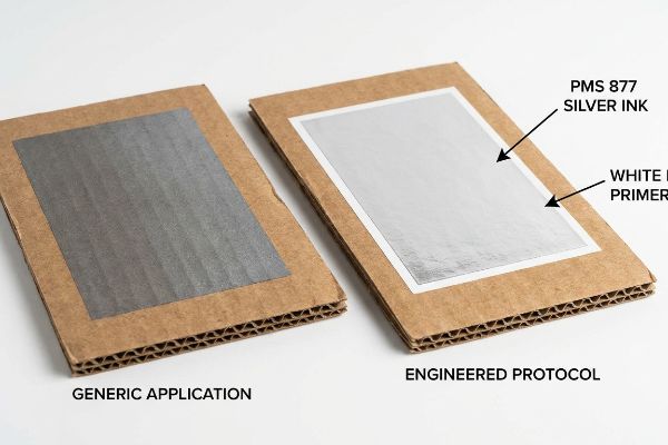 Corrugated board samples show Pms 877 Silver Ink: dull direct application versus brilliant with White Base Primer.