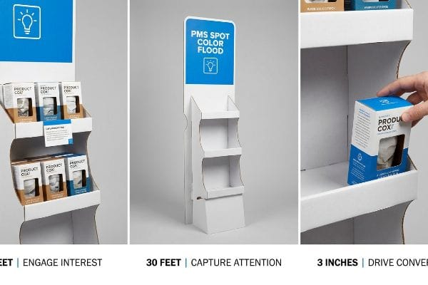 3-3-3 Rule Display White corrugated display illustrates the 3-3-3 marketing rule, with Pms Spot Color Flood signage and Product Cox items.