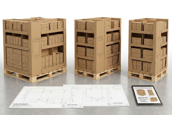 Corrugated board assembly failure, with a caliper measuring the crushed corner, contrasted with a Flat Dieline (No Caliper Compensation) on a tablet.