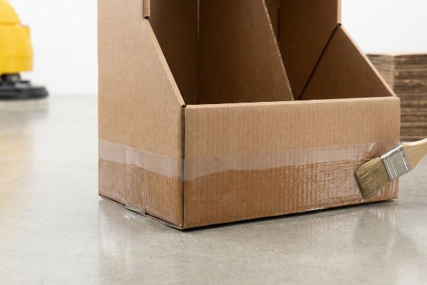 Corrugated cardboard display base receiving a clear poly-coat moisture barrier applied by a paintbrush to harden against floor moisture.