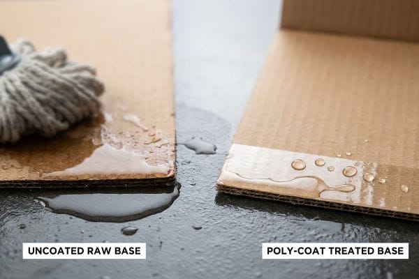 Brown corrugated cardboard sections: Uncoated Raw Base saturated by mop water, contrasted with Poly-Coat Treated Base repelling water droplets.
