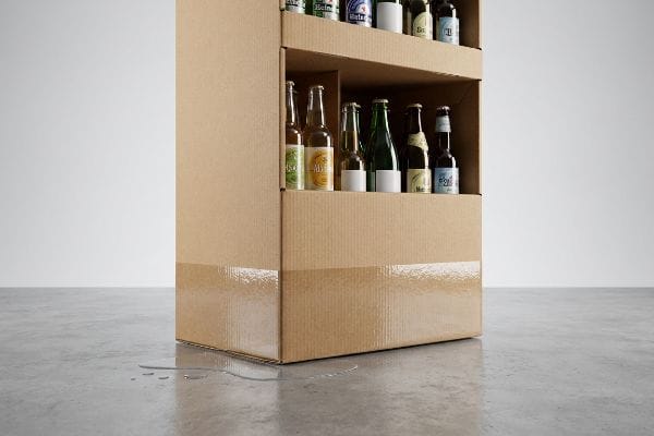 Corrugated cardboard display with a clear poly-coat on its base, protecting against spilled liquid on a concrete floor, showcasing various beer bottles.