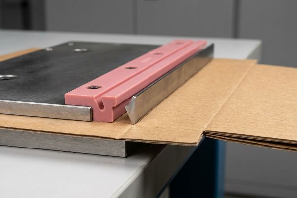 Pink polymer female creasing matrix channel on a metal cutting plate, preventing edge cracking on brown corrugated board during a clean fold.