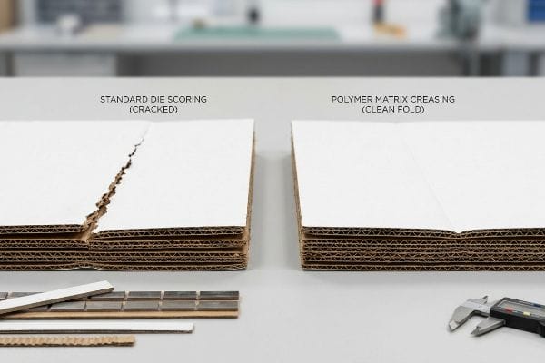 Corrugated cardboard comparison: Standard Die Scoring (Cracked) with a split litho-laminated top sheet versus Polymer Matrix Creasing (Clean Fold) with a smooth crease.