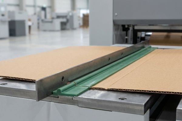 Green polymer creasing matrix precisely scores corrugated cardboard flutes, preventing litho-cracking during packaging production.