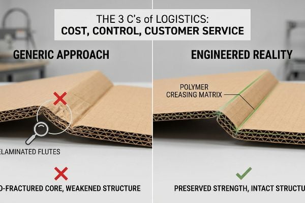 Corrugated cardboard comparison: Generic Approach with delaminated flutes vs. Engineered Reality using Polymer Creasing Matrix for preserved strength.