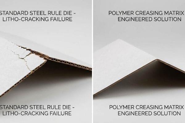 Corrugated cardboard shows litho-cracking from a standard steel rule die versus a clean fold from a polymer creasing matrix solution.