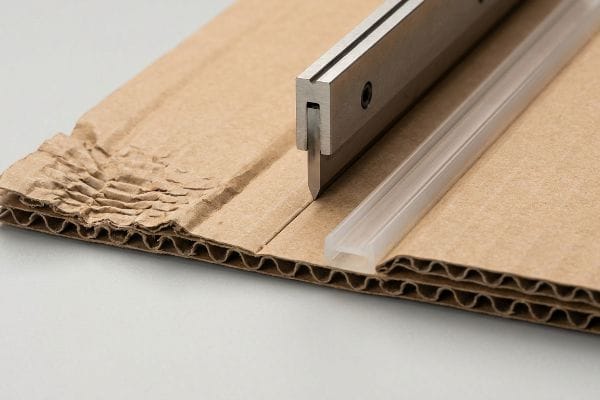 Metal scoring tool and polymer creasing matrix on corrugated cardboard, protecting flutes during die-cutting.